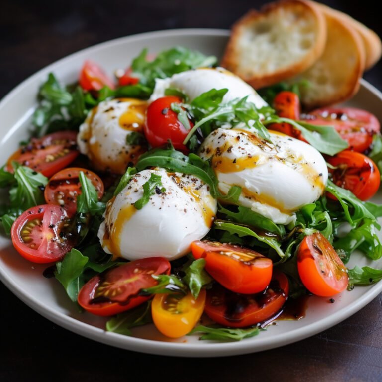 Hearty Burrata Salad with a savory balsamic dressing and crispy prosciutto.
