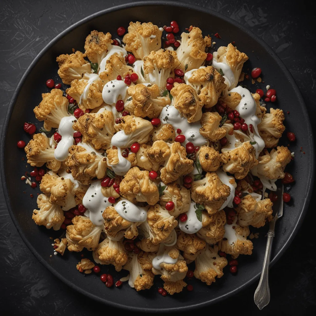 Moroccan Spiced Roasted Cauliflower with Tahini-Yogurt Sauce and Pomegranate Seeds